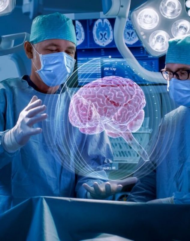 neuro surgeries Surgeons Perform Brain Surgery Using Augmented Reality, Animated 3D Brain. High Tech Technologically Advanced Hospital. Futuristic Theme.